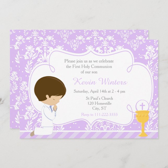 Invitación Brunette Boy First Communition Damask (Anverso / Reverso)