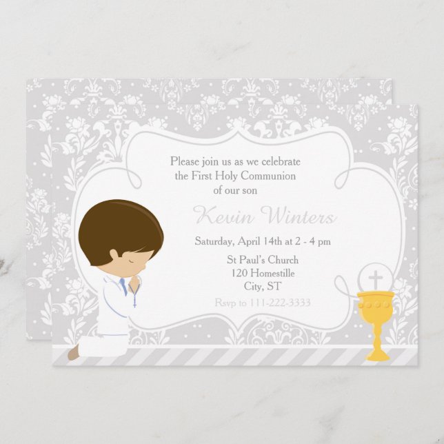 Invitación Brunette Boy First Communition Damask (Anverso / Reverso)