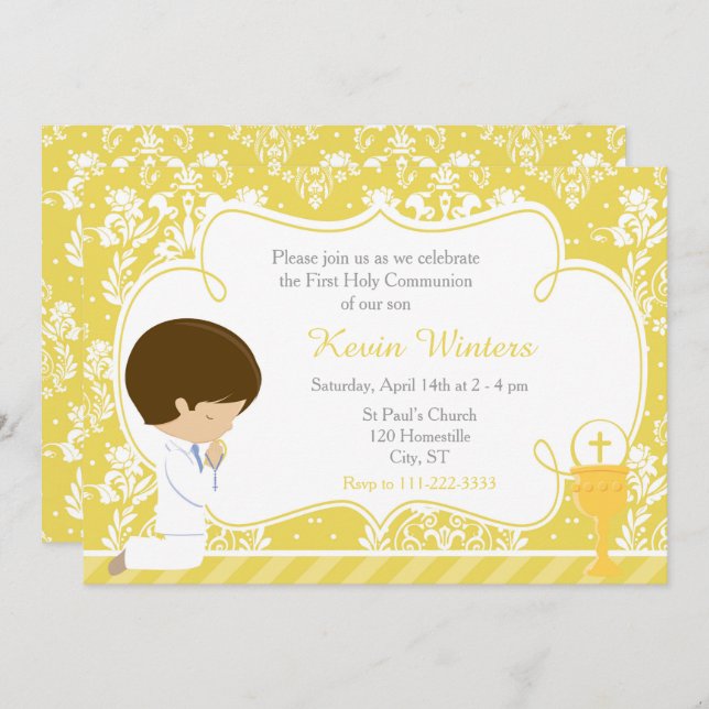 Invitación Brunette Boy First Communition Damask (Anverso / Reverso)