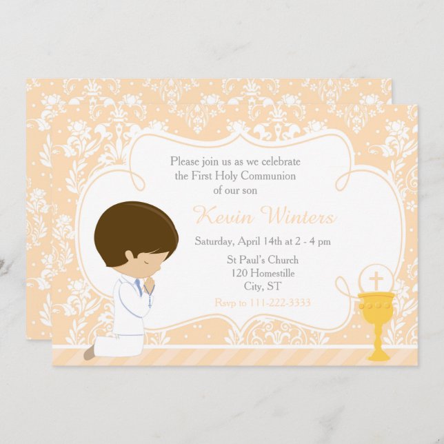 Invitación Brunette Boy First Communition Damask (Anverso / Reverso)