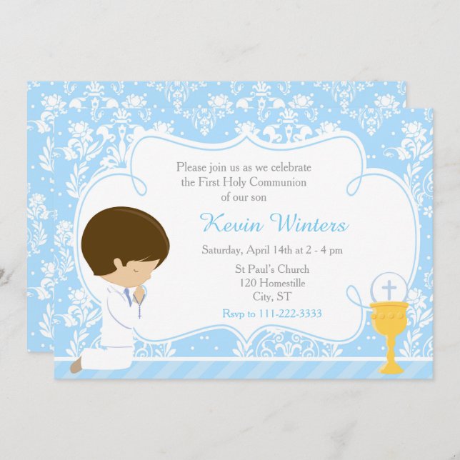 Invitación Brunette Boy First Communition Damask (Anverso / Reverso)