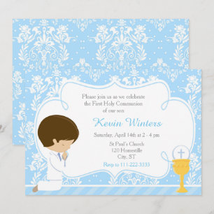 Invitación Brunette Boy First Communition Damask
