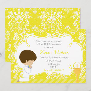 Invitación Brunette Boy First Communition Damask