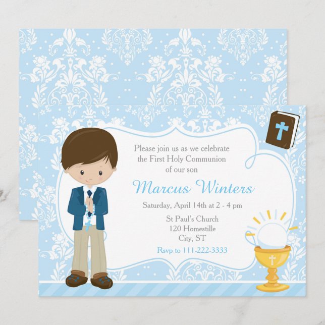 Invitación Brunette Boy First Communition Damask (Anverso / Reverso)