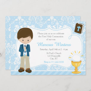 Invitación Brunette Boy First Communition Damask