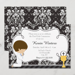Invitación Brunette Boy First Communition Damask