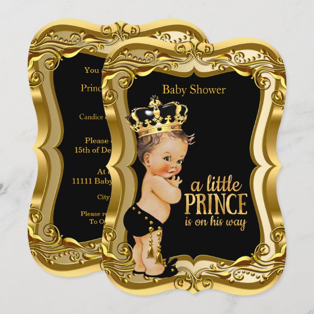 Invitación Brunette Boy Prince Baby Shower Black Gold (Anverso / Reverso)