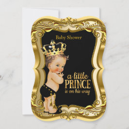 Invitación Brunette Boy Prince Baby Shower Black Gold