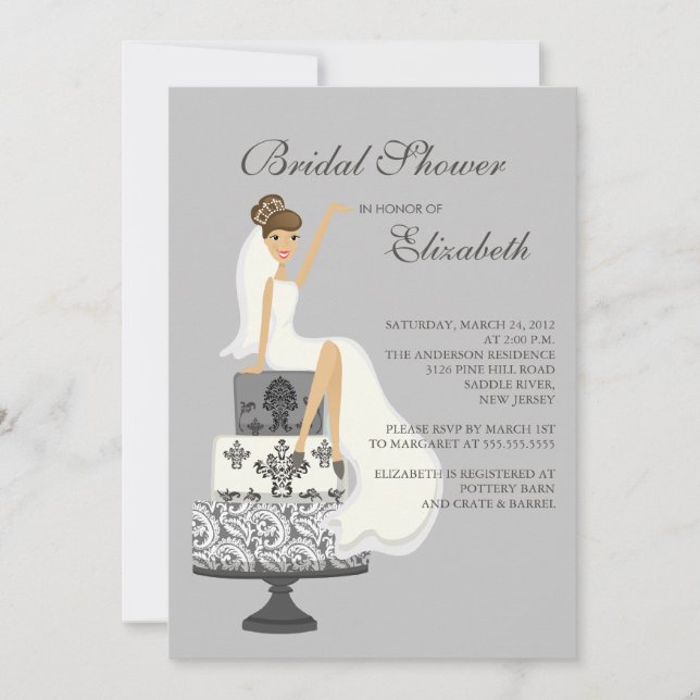 Invitación Brunette Bride Bridal Shower Gray (Anverso)