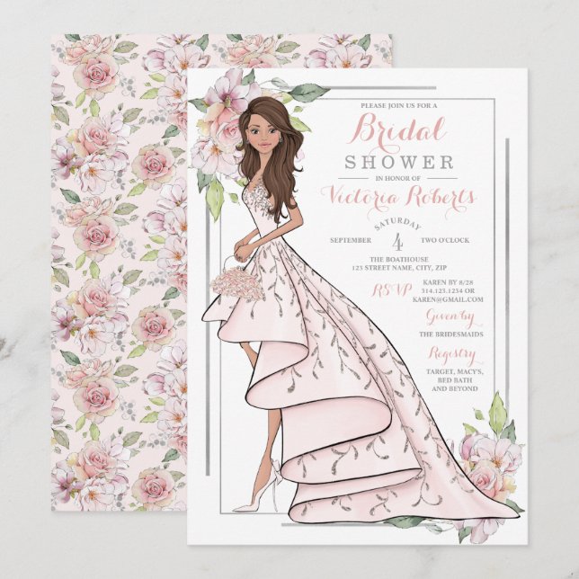 Invitación Brunette Bride Floral Bridal Shower (Anverso / Reverso)
