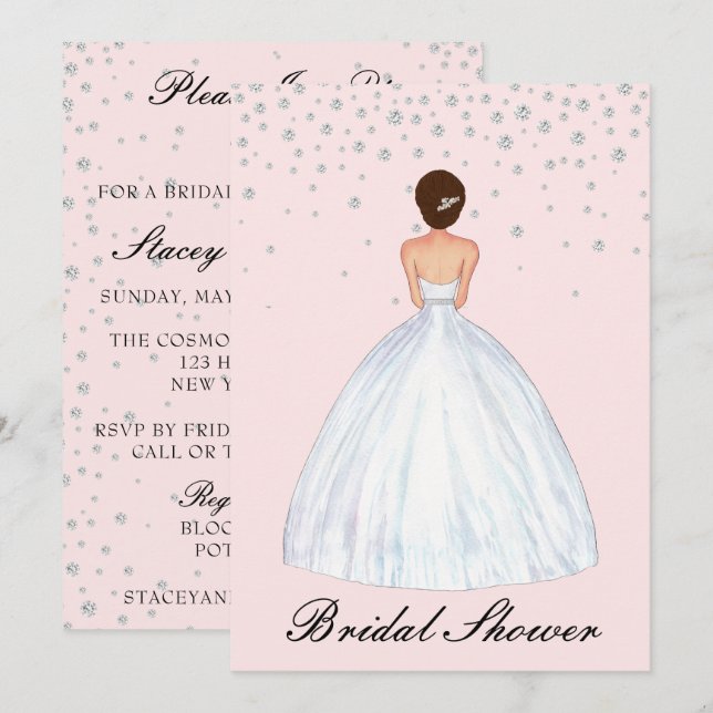 Invitación Brunette Bride Ilustracion Diamond Bridal Shower (Anverso / Reverso)