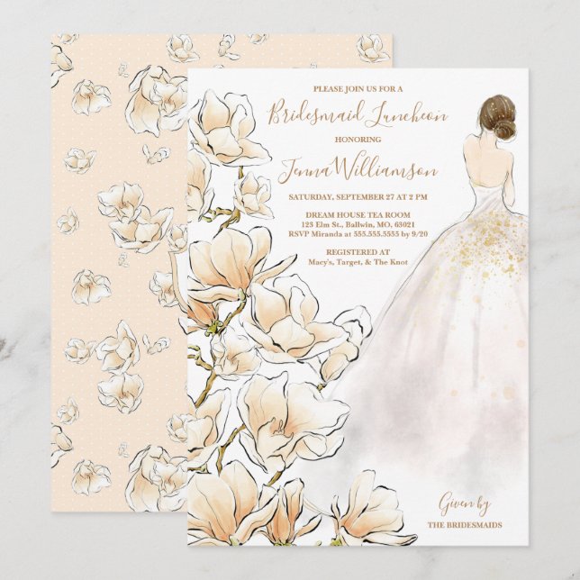 Invitación Brunette Bride Magnolia Bridesmaid Luncheon (Anverso / Reverso)