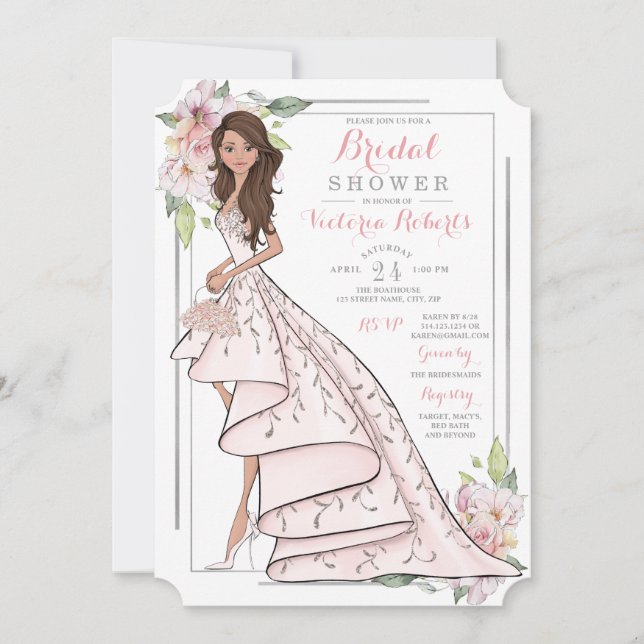 Invitación Brunette Bried Floral Bridal Shower (Anverso)