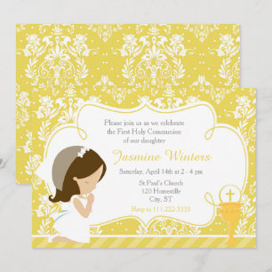 Invitación Brunette Chica First Community Gold Damask