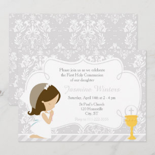Invitación Brunette Chica primera Damasco de Comunión