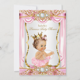 Invitación Brunette Chica Princess Baby Shower Pink Silk Gold