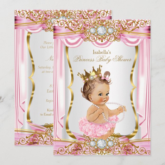 Invitación Brunette Chica Princess Baby Shower Pink Silk Gold (Anverso / Reverso)