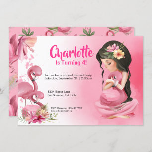 Invitación Brunette Chica Tropical Rosa Flamingo Cumpleaños