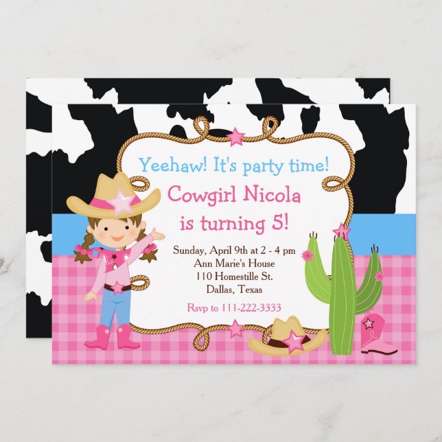 Invitación Brunette Cowgirl Western Birday Party (Anverso / Reverso)