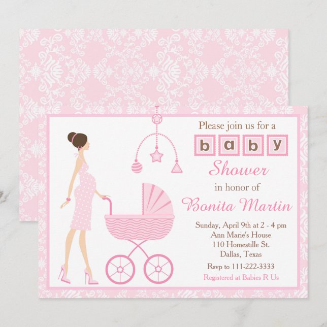 Invitación Brunette de Damask Rosa Esperando Baby Shower Chic (Anverso / Reverso)