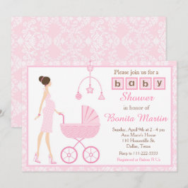Invitación Brunette de Damask Rosa Esperando Baby Shower Chic
