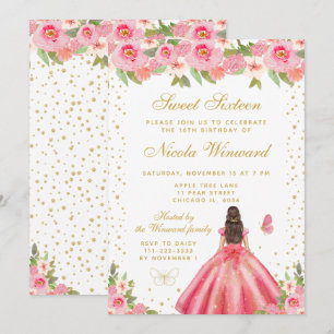 Invitación Brunette de pelo floral rosa Princesa Sweet Sixtee