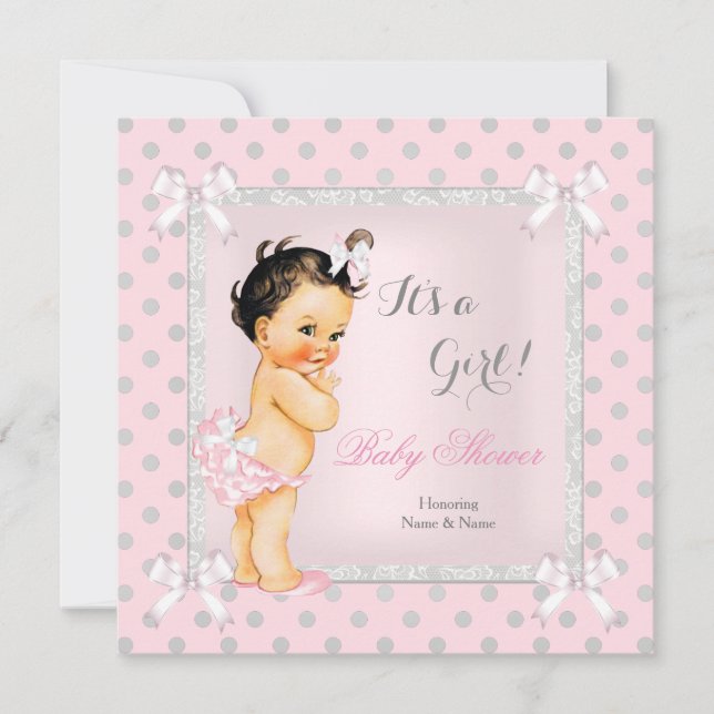 Invitación Brunette de Punto de Polka Gris Rosa Chica Baby Sh (Anverso)