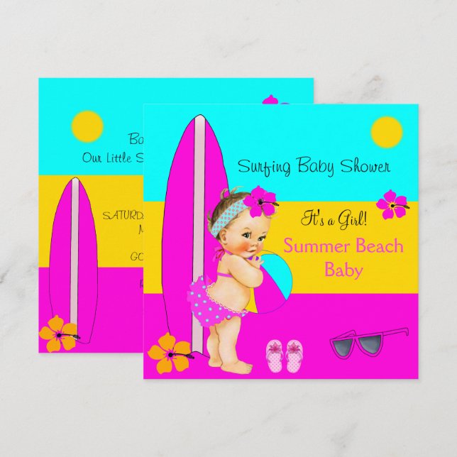 Invitación Brunette de surf Baby Shower Chica Beach (Anverso / Reverso)