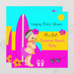 Invitación Brunette de surf Baby Shower Chica Beach