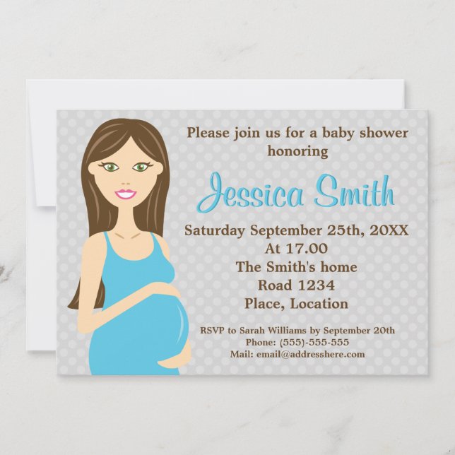 Invitación Brunette Embarazada Mujer Con Vestido Azul Baby Sh (Anverso)
