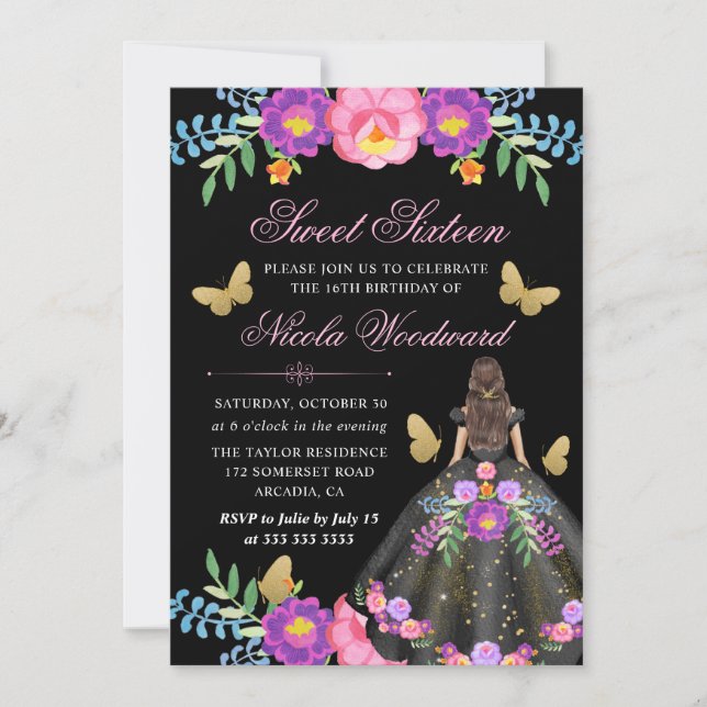 Invitación Brunette femenina con vestido floral mexicano dulc (Anverso)