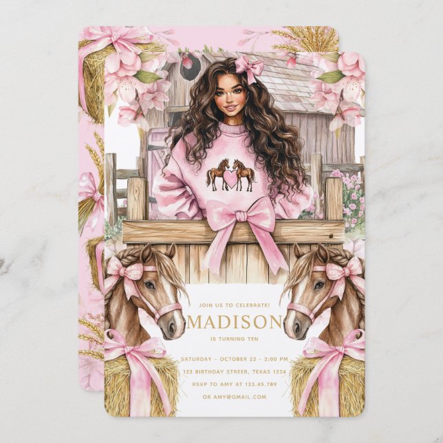 Invitación Brunette Girl Horse Birthday Invitation (Anverso / Reverso)