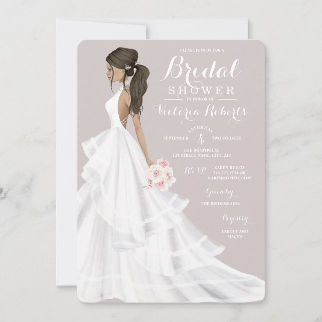 Invitación Brunette Glam Bride Boda Gown Bridal Shower (Anverso)