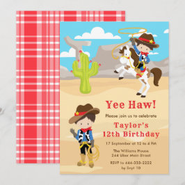 Invitación Brunette Hair Cowboy Birthday Party