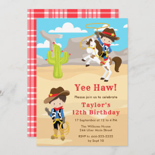 Invitación Brunette Hair Cowboy Birthday Party