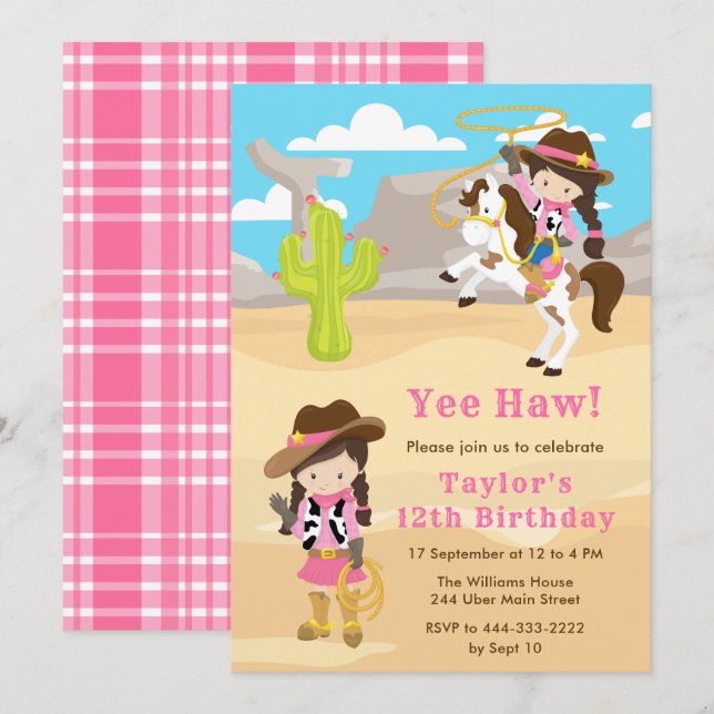 Invitación Brunette Hair Cowgirl Birthday Party (Anverso / Reverso)