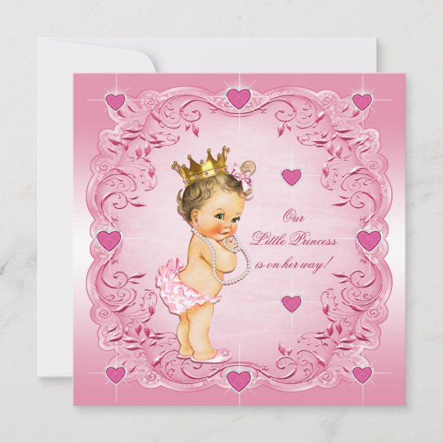 Invitación Brunette Little Princess Love Hearts Baby Shower (Anverso)