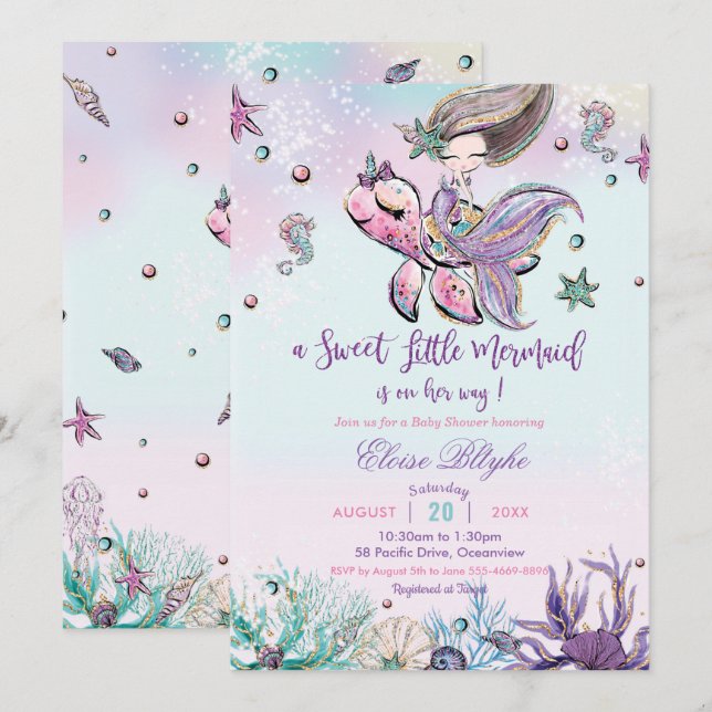 Invitación Brunette Mermaid Chica Baby Shower Under Sea (Anverso / Reverso)
