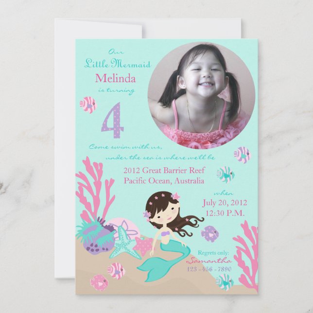 Invitación Brunette Mermaid cuarto cumpleaños (Anverso)