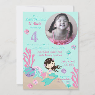 Invitación Brunette Mermaid cuarto cumpleaños