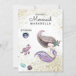 Invitación *~* Brunette Mermaid Gold Purpurina Cabello cumple