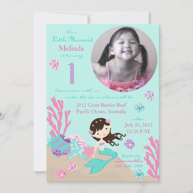 Invitación Brunette Mermaid primer cumpleaños (Anverso)