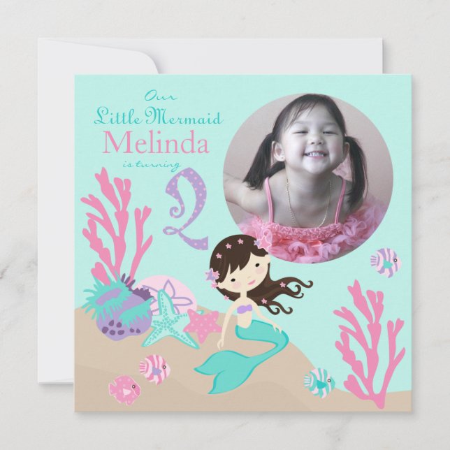 Invitación Brunette Mermaid segundo cumpleaños (Anverso)