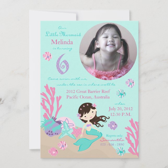 Invitación Brunette Mermaid sexto cumpleaños (Anverso)