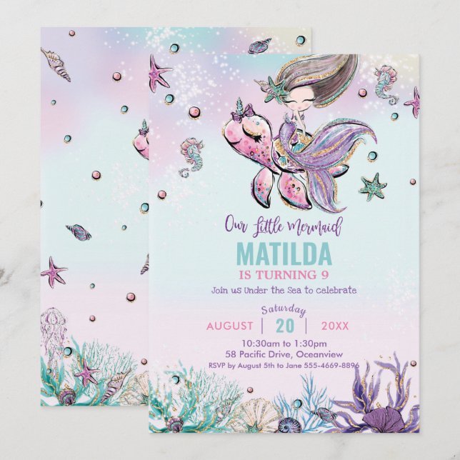 Invitación Brunette Mermaid Under Sea Birthday Party (Anverso / Reverso)