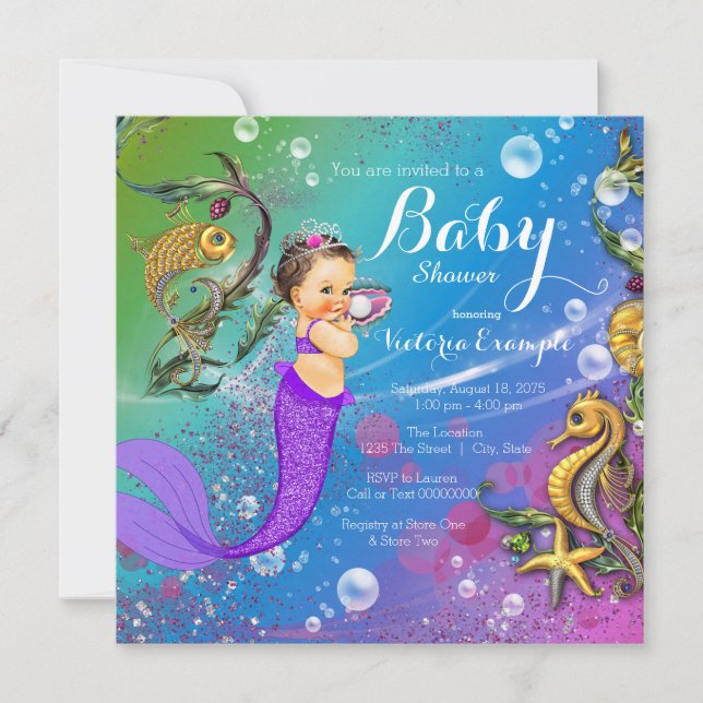 Invitación Brunette Mermaid Under Sea Mermaid Baby Shower (Anverso)