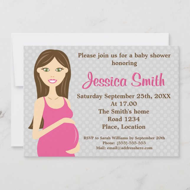 Invitación Brunette Mujer Embarazada En Baby Shower Vestido D (Anverso)