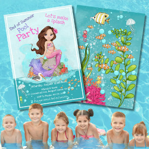 Invitación Brunette Pink Purple Mermaid Summer Pool Fiesta