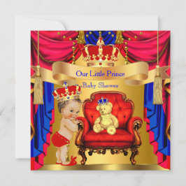 Invitación Brunette Prince Baby Shower Gold Bear Red Blue