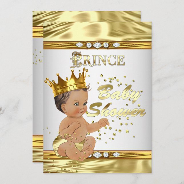 Invitación Brunette Prince Baby Shower White Relieve metaliza (Anverso / Reverso)
